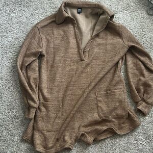 Lantern Sleeve Pocket Front Button Half Placket Romper. Brown. Shein